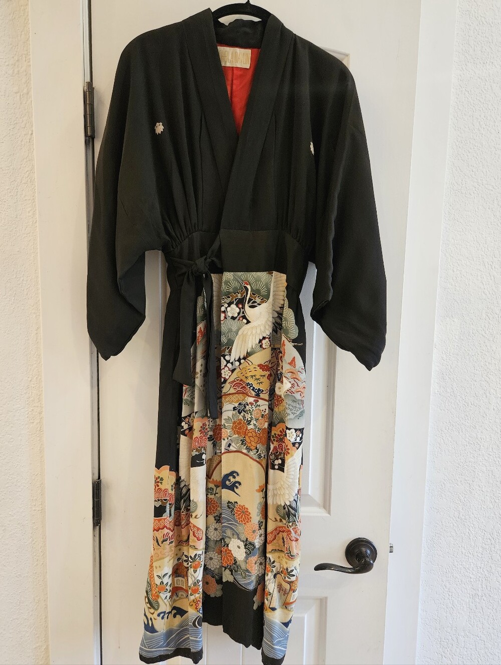 Rare 70s VTG Sheila Davlin Silk Wrap Kimono Dress Hand-Painted Crane Motif